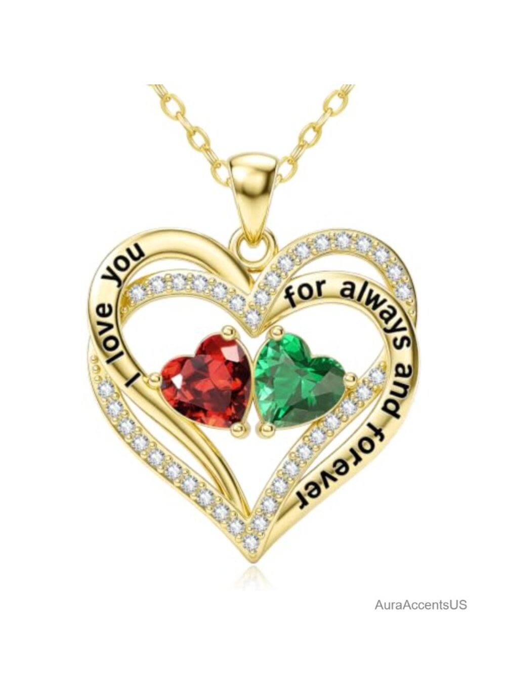 14K Gold Double Heart Birthstone Pendant Necklace for Women, Hypoallergenic